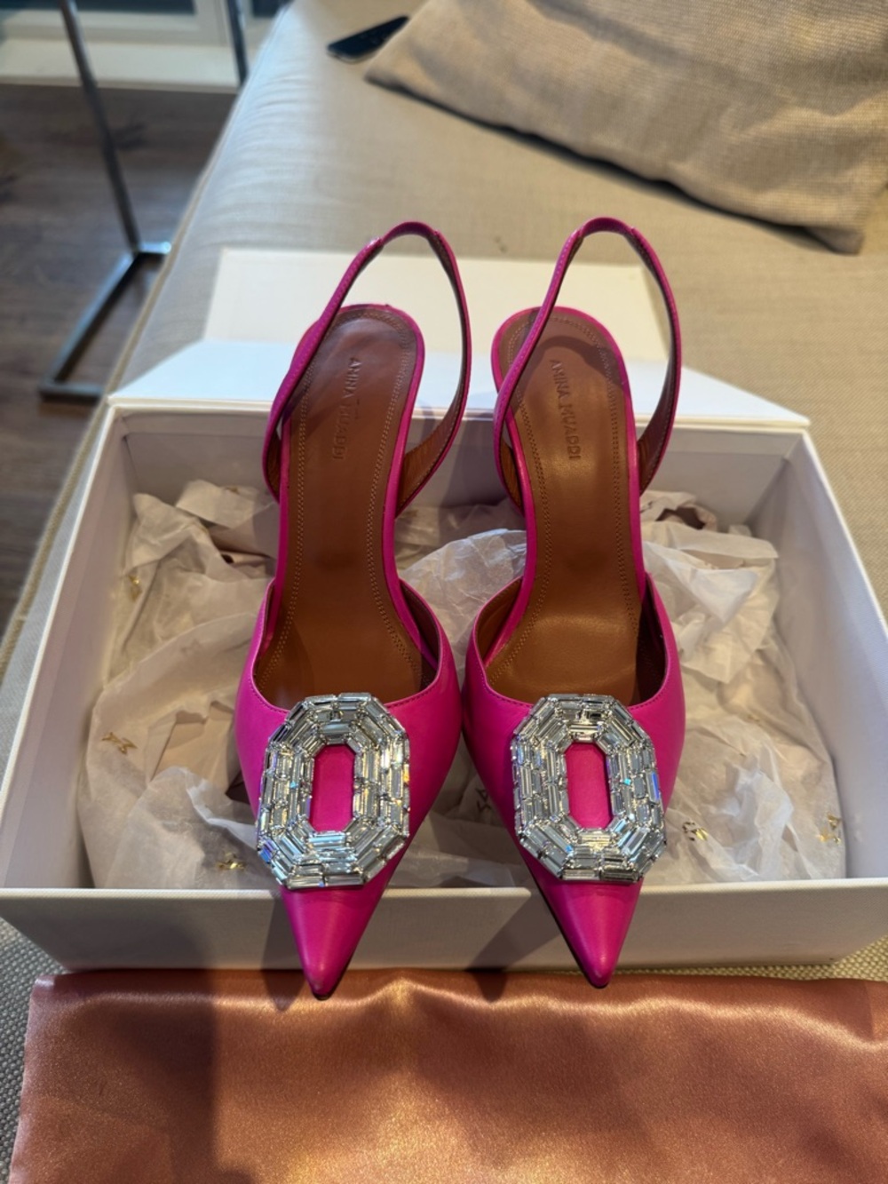 Amina muadi pink heels with crystal brooch